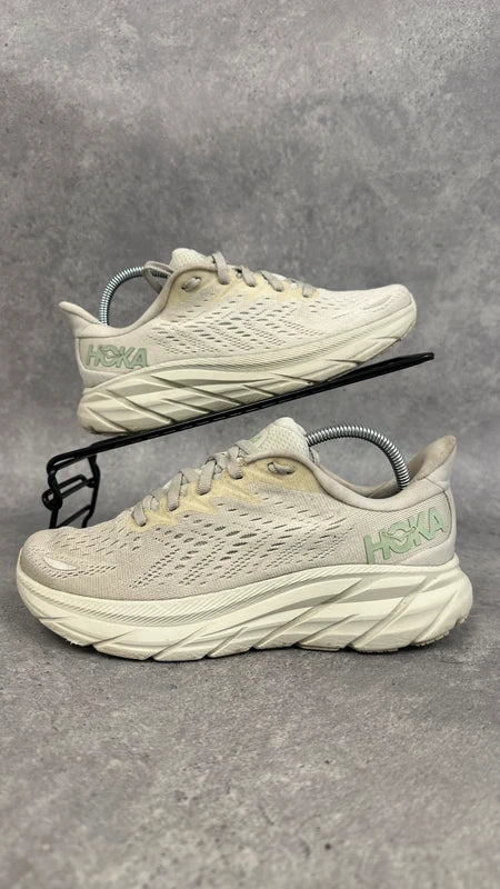 Hoka Clifton 8 Women’s Running Shoes UK 4.5 Cream White Mint Green