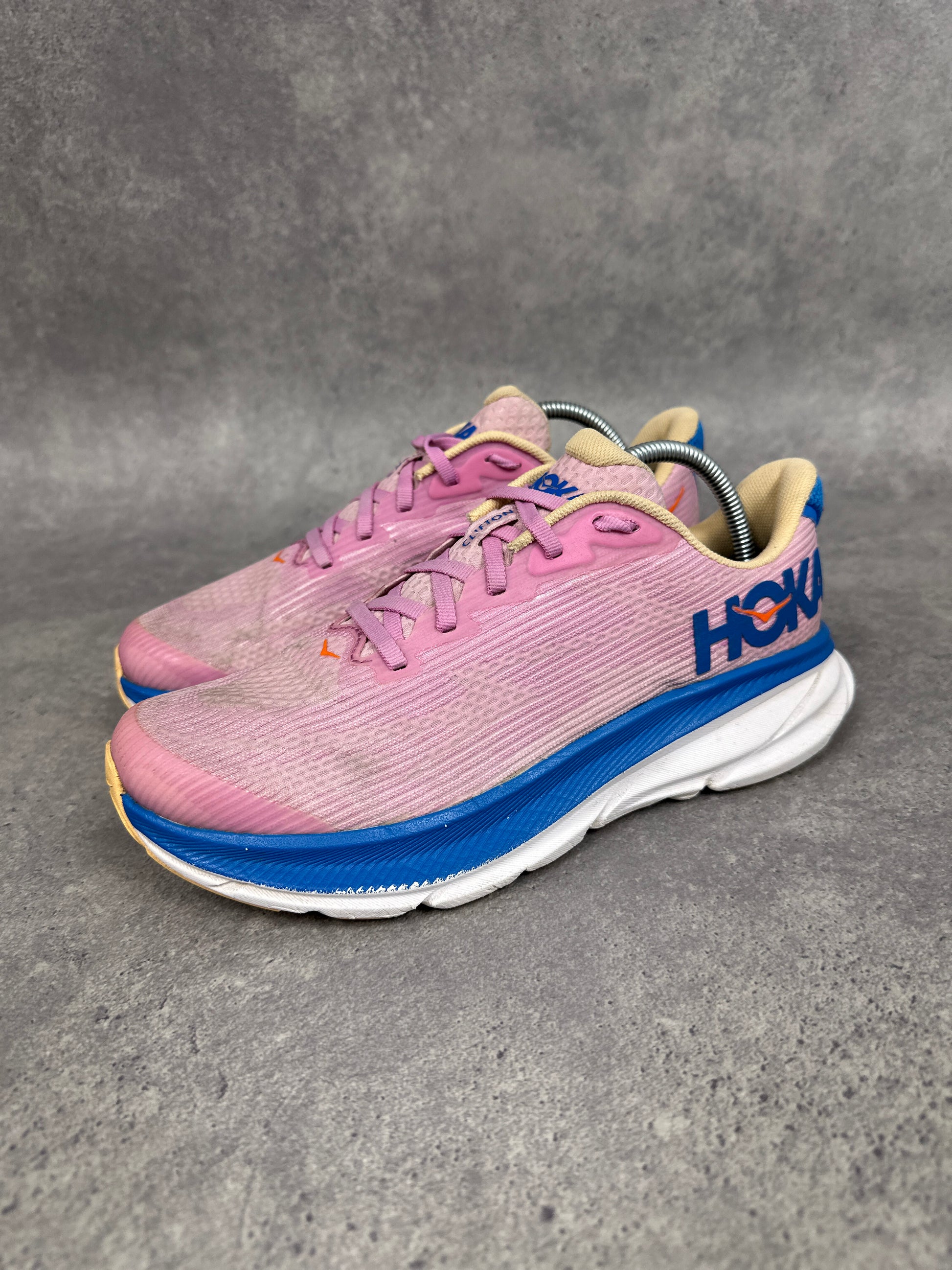 Hoka Clifton 9 Running Shoes Pink Blue Youth UK5